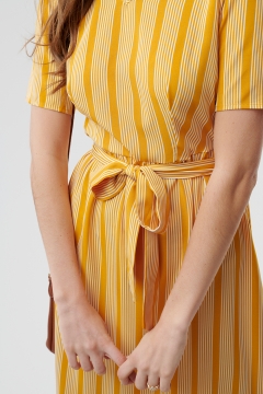 womens yellow and white v neck tulip sleeve modest dress